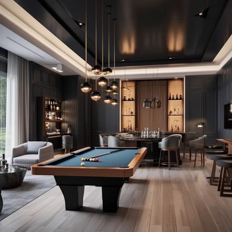 15 Game Room Ideas For Adults - HearthandPetals Bar Lounge Room Ideas House Modern, Lounge Bar Interior Design Home, Luxury Home Bar Room, Chic Pool Table Room, Chic Modern Interior Design, Entertainment Bar Room, Modern Classic Game Room, Luxury Pool Table Room, Entertainment Living Room Ideas