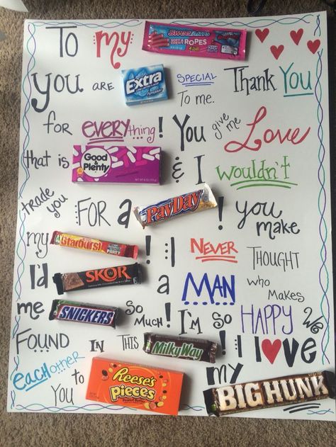 candy bar anniversary poster | Fun and sweet candy board I made for my boyfriend for our anniversary ... Diy Christmas Cards For Boyfriend, Candy Poster Board, Candy Bar Sayings, Candy Bar Poster, Candy Bar Posters, Anniversary Poster, Candy Board, Candy Grams, Candy Poster