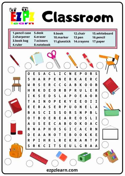 More fun with your teaching with Free Printable Word Search game topic Classroom Objects  worksheets for ESL teachers using for kindergarten, preschool and so on you can either download or print directly from our website. Word Search Preschool, English Ideas Teaching, Words Search Worksheet, My Classroom Worksheets For Kids, My Classroom Worksheets, Preschool English Worksheets For Kids, Class Games For Kids, English Games Teaching, Word Search For Kids Free Printable