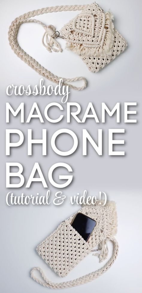 pictures of the finished macrame phone bag from this tutorial, showing what it will look like closed and open with a phone inside.  Bag is laying on a white desk. Macrame Bag Holder Diy, Macrame Phone Holder Diy, Simple Crochet Sling Bag, Macrame Purse Pattern Free, Macrame Card Holder, Macrame Cell Phone Bag, Crochet Phone Holder Pattern, Macrame Phone Holder, Macrame Bags Tutorial