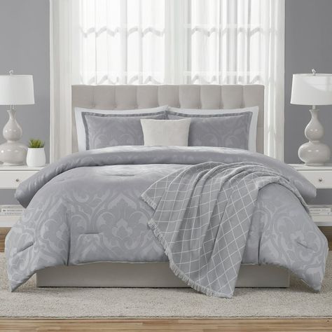 Mainstays 5-Piece Grey Jacquard Comforter Set, Full/Queen - Walmart.com Light Gray Comforter, Ivory Comforter, Gray Comforter, Elegant Comforter Sets, Plaid Comforter, King Size Comforter Sets, Embossed Velvet, Microfiber Bed Sheets, King Size Comforters