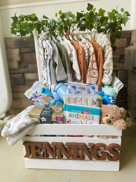 Baby Closet Crate Gift basket-baby Shower Gift Basket-baby - Etsy Baby Book Baskets Shower Gifts, Baby Closet Gift Basket, Baby Shower Closet Crate, Baby Shower Crate Gift Basket For Boy, Baby Basket Gift Ideas Boy, Crate Gift Basket Ideas, Baby Shower Basket Gift Ideas Boy, Baby Boy Basket Gift Ideas, Baby Shower Closet Gift