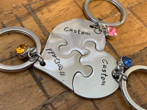 PLEASE READ INFORMATION PRIOR TO PURCHASING: CUSTOMIZE/PERSONALIZE A SET OF THREE HEART KEYCHAIN.  I would limit to 9 letters per pendant charm PENDANT DIMENSION: 2.9*2cm, 1.8*2.6cm, 1.1*1.3cm COLOR AVAILABILITY: STAINLESS STEEL necklace length; approximately 19 inches About Packaging: Our keychains automatically come backed on a 3.5 X 3.5 inches kraft card, in a self sealed cellophane packet.  Great simple gift for friends, family, party favors, co-workers, bridal party gifts, holidays and more 3 Piece Puzzle, Simple Gifts For Friends, Mouldit Clay, Puzzle Keychain, Bff Friends, Matching Keychains, Friend Jewelry, Sister Jewelry, Simple Gift