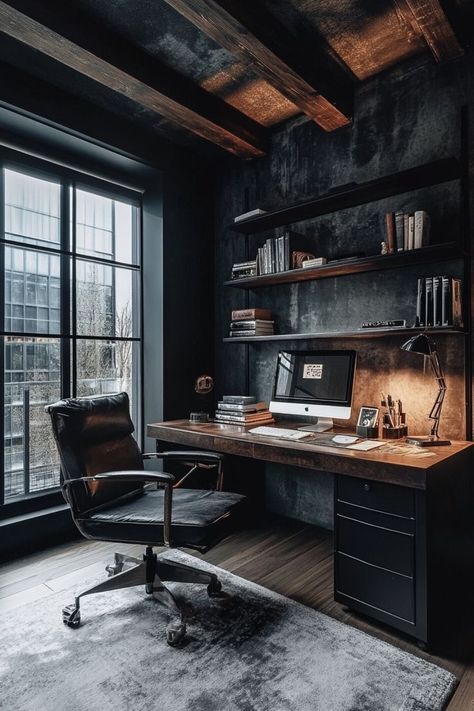 Men’s Small Office, Office Ideas For Men Business, Cottage Office Ideas, Office Design For Men, Desk Astethic, Dark Wood Office, Minimalist Home Office Design, Home Workspace Ideas, Office Ideas For Men