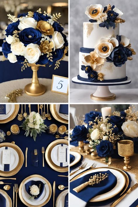 Gorgeous Navy Blue and Gold Wedding Color Ideas That Will Inspire You - Francisca's Bridal Winter Wedding Theme Ideas, Fall Wedding Theme Ideas, Royal Blue Wedding Decorations, Midnight Blue And Gold, Winter Wedding Theme, Reception Theme, Winter Wedding Color Ideas, Navy Blue Wedding Theme, Seniors 2024