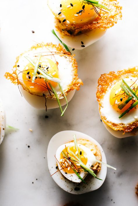 Spicy Korean Deviled Eggs · i am a food blog i am a food blog Marshmallow Popcorn, Korean Side Dishes, Spicy Korean, Crockpot Recipe, Deviled Eggs Recipe, Quail Eggs, Egg Dish, Party Recipes, Delicious Meals