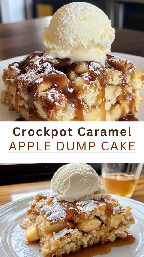 Fall Desserts You NEED to Try: Crockpot Caramel Apple Dump Cake Dump Coffee Cake Recipes, Crockpot Apple Dump Cake Fresh Apples, Apple Crisp Dump Cake Crockpot, Apple Dessert Recipes Crockpot, Crockpot Apple Pie Dump Cake, Caramel Apple Dump Cake Crockpot, Apple Crockpot Dump Cake, Apple And Caramel Desserts, Apple Dump Cake Crockpot