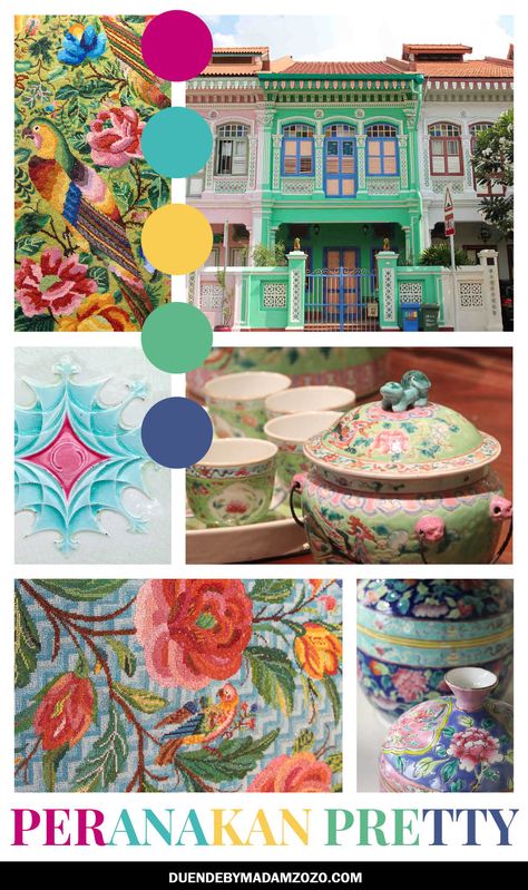 Bring a little Peranakan Pretty into your life with this mood board and gift guide inspired by the Nyonyas and Babas of Singapore!   #singapore #indonesia #malaysia #moodboard #colorpalette #peranakan #colourscheme Peranakan Colour Palette, Peranakan Decoration, Peranakan Color Palette, Peranakan Aesthetic, Nanyang Kopitiam, Peranakan Pattern, Peranakan Interior, Peranakan House, Singapore Souvenirs