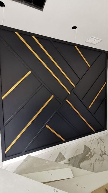 Black Gold Accent Wall, Black And Gold Accent Wall, Black Wall Ideas, Geometric Panelling, Unique Wall Design, Geometric Accent Wall, Custom Wall Design, Bathroom Remodel Plans, Gold Accent Wall