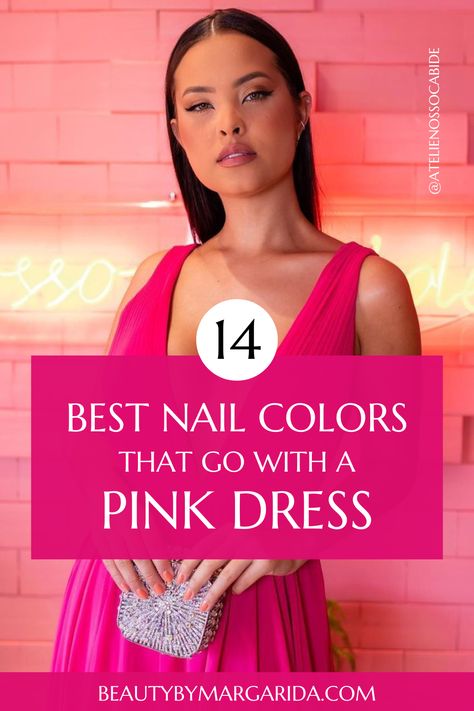 Not sure what nail color goes with a pink dress? Here you'll find the best nail polish colors to wear with pink dresses, whether for a wedding or a laid-back party! Dress: Ateliê Nosso Cabide Nails For Pink Outfit, Pink Dress Nails Ideas, Nail For Pink Dress, Nail Ideas For Pink Dress, Nail Colors For Pink Dress, Nail Color For Pink Dress, Nails To Go With Fuschia Dress, Pink Gown Jewellery Ideas, Nails For Fuschia Dress