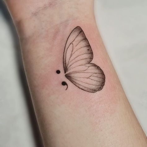 Semi-colon Butterfly Tattoo, Semi Colon Butterfly, Butterfly Tattoo Ideas, Butterfly Hand Tattoo, Butterfly Wrist Tattoo, Butterfly Tattoo Meaning, Semi Colon, Health Tattoo, Small Butterfly Tattoo