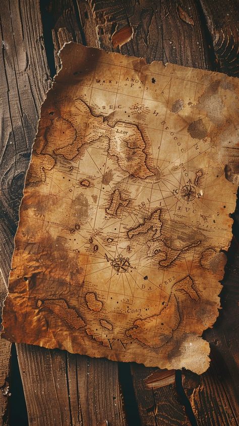 Ancient Treasure Map: An old, weathered treasure map rests atop a rustic wooden surface, evoking a sense of adventure. #historicalrelic #ancientmysteries #vintagediscovery #historicaladventures #quests #digitalart #artificialphotography #stockcake ⬇️ Download and 📝 Prompt 👉 https://stockcake.com/i/ancient-treasure-map_684162_863397 Fantasy Maps Aesthetic, Map Making Aesthetic, Treasure Map Design, Found Treasure, Treasure Hunting Aesthetic, Map Project Ideas, Pirate Map Aesthetic, Treasure Hunt Aesthetic, Old Map Drawing