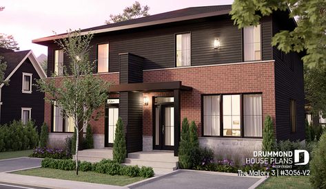 Contemporary semi-detached house plan, w/ finished basement, offering a total of 4 beds + office in each unit Duplex Decorating, House Without Garage, Open Floor Plan Layout, Sims Layout, Housing Plans, Renovation Plan, Duplex House Plan, Drummond House Plans, Duplex Plans