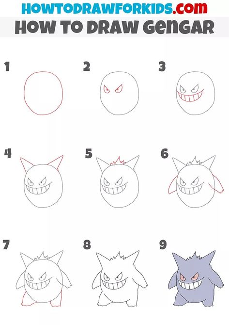 How To Draw Gengar, Cute Pokemon Drawings Easy, How To Draw Kirby, Pokemon Drawings Easy, Gengar Painting, Gigantamax Gengar, Gengar Drawing, Pokemon Doodles, Easy Pokemon Drawings