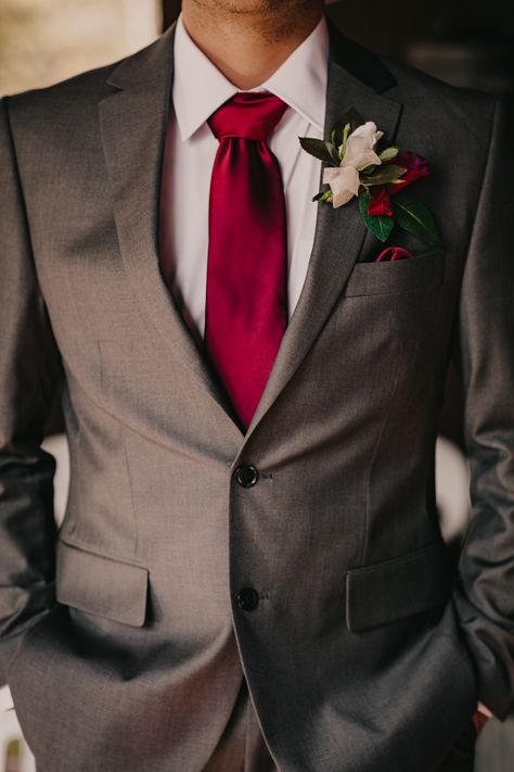 Grey And Burgundy Suit Wedding, Dark Grey Suit Burgundy Tie, Grey Tux With Burgundy, Mens Red Wedding Suits, Grey And Red Tuxedo Wedding, Grey And Maroon Suit, Deep Red And Grey Wedding, Gray Suit Burgundy Tie, Burgundy Wedding Party Color Schemes