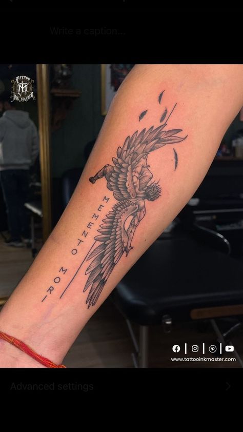 Men Tattoo Inner Bicep, Guys First Tattoo Ideas, Rip Brother Tattoos For Men, Men’s Tattoo Biceps, Cool Bicep Tattoo Men, Wing Forearm Tattoo For Men, Biceps Tattoo Men, Front Bicep Tattoo Men, Angle Tattoo Design