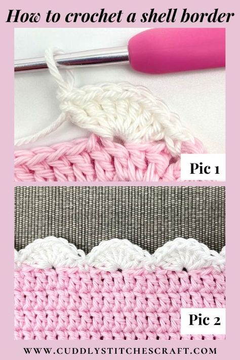 This easy stitch tutorial will show you step by step how to crochet a shell border that looks absolutely stunning, especially on a baby blanket. This crochet shell stitch might look a bit difficult at a first glance but it’s actually quite easy once you break it down round by round. It's even suitable for crochet beginners because you just need to use a few basic stitches. You can easily customise it and have a simpler or wider shell edging border. #crochet #crochetprojects #crochetpattern Shell Edging Crochet, Crochet Blanket Edging Patterns, Crochet Baby Blanket Borders, Easy Crochet Baby Blanket Free Pattern, Crochet Shell Blanket, Crochet Baby Blanket Edging, Crochet Lovey Pattern, Crochet Edging Patterns Free, Blanket Border