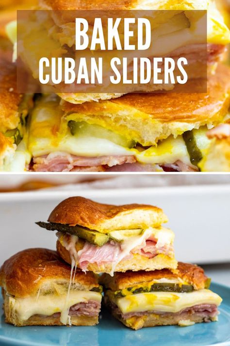 These Baked Cuban Sliders are stuffed with ham, pickles, swiss cheese, and mustard and lightly pressed while they bake. So delicious! #sliders #cuban #Sandwich #appetizer Cuban Medianoche Sandwich, Grilled Cuban Sandwich, Mini Cuban Sliders, Mini Cuban Sandwiches, Hawaiian Roll Cuban Sliders, Cuban Sliders Recipes, Cuban Sliders Hawaiian Rolls, Cubano Sliders, Cuban Sandwich Sliders