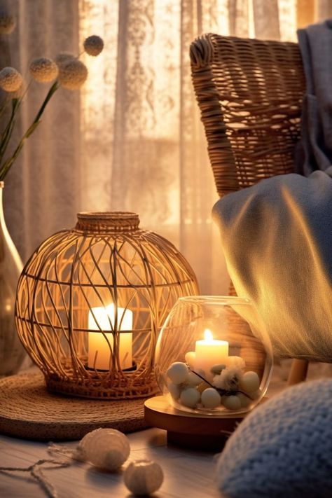 Boho Rattan Basket Lantern Candle Holders Decor Inspiration Basket Lantern, Candles Aesthetic Cozy, Reflective Wall, Boho Lanterns, Zen Candles, Bali Furniture, Zen Pictures, Chic Candles, Wicker Pendant Light