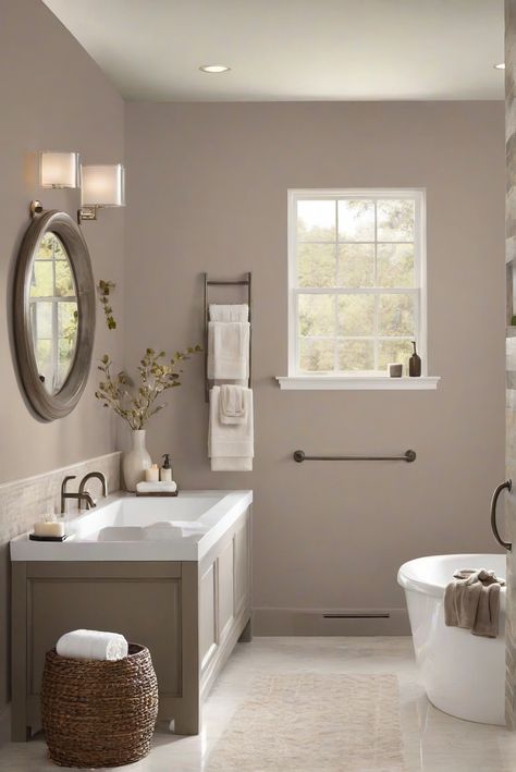 Step into a serene oasis with the perfect blend of Smokey Taupe 983 and Taupe Tranquility - your bathroom deserves the 2024 charm upgrade! #Ad #homedecor #homedesign #bathroom #Painthome interiorarchitecture best Wall Colors for Bathroom Colors Bright Room Colors best colors combinations bathroom bathroom Remodeling Modern Paint Colors 2024 Farmhouse Bathroom Colours, Muted Bathroom Colors, Smokey Paint Colors, Medium Taupe Paint Colors, Gray Taupe Paint Colors, Neutral Bathroom Wall Colors, Bathroom Wall Colors With White Cabinets, Gray Bathroom Vanity Wall Color Ideas, Modern Bathroom Paint Ideas