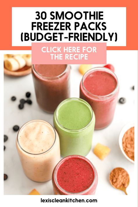 Frozen Smoothie Packs (5 Recipes, 30 Smoothie Bags) - Lexi's Clean Kitchen Smoothie Bags Freezer Recipes, Smoothie Packs Make Ahead, Smoothie Freezer Packs Recipes, Meal Prep Smoothies Freezer, Freeze Smoothies Make Ahead, Make Ahead Smoothie Packs, Frozen Smoothie Recipes, Smoothie Bags, Frozen Smoothie Packs