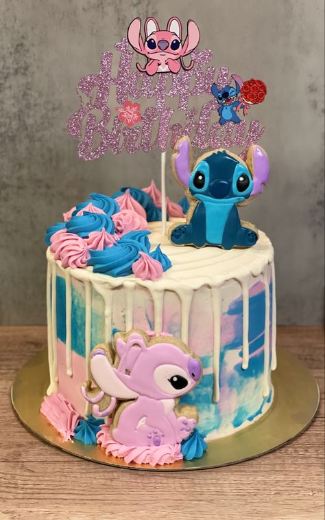 Stitch And Angel Cake, Angel Birthday Cake, Toothless Cake, Cakes Creative, Lilo And Stitch Cake, Angel Birthday, Angel Stitch, Cake Pretty, Twin Birthday Cakes