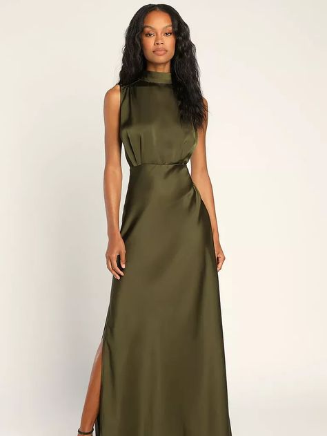 Olive Evening Dress, Mock Neck Maxi Dress, Fabric Detailing, Gathered Fabric, Sleeveless Mock Neck, Fall Wedding Guest Dress, Mob Dresses, Mock Neck Dress, Formal Dresses Gowns