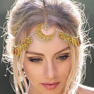 Aceorna Gold Moon Head Chains Sparkle Sequins Headband Stars Bridal Hair Chain Bohemia Headpieces for Women and Girls Head Chains, Head Chain Jewelry, Bridal Hair Chain, Prom Costume, Chain Headpiece, Hair Chain, Gothic Hairstyles, Hair Chains, Head Chain