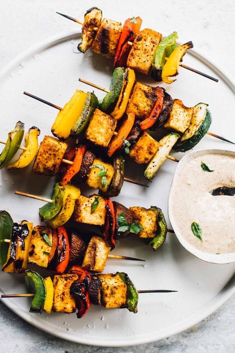 Grilled Veggie Kabobs with Tofu • Heartbeet Kitchen Tofu Kabobs, Grilled Veggie Kabobs, Grilled Vegetable Kabobs, Tofu Kebab, Veggie Kabobs, Vegetable Kabobs, Dishes To Make, Veggie Skewers, Grilled Tofu