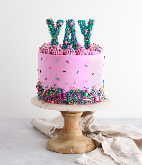 DIY Sprinkle Letter Cake Toppers - Sugar & Sparrow Costco Unicorn Cake, Four Ever Sweet Birthday Party Cake, 2024 Cake Ideas, Diy Girls Birthday Cake, Barbiecore Cake, Threenager Birthday Cake, Number 6 Birthday Cake, Piped Birthday Cake, Two Cool Birthday Cake