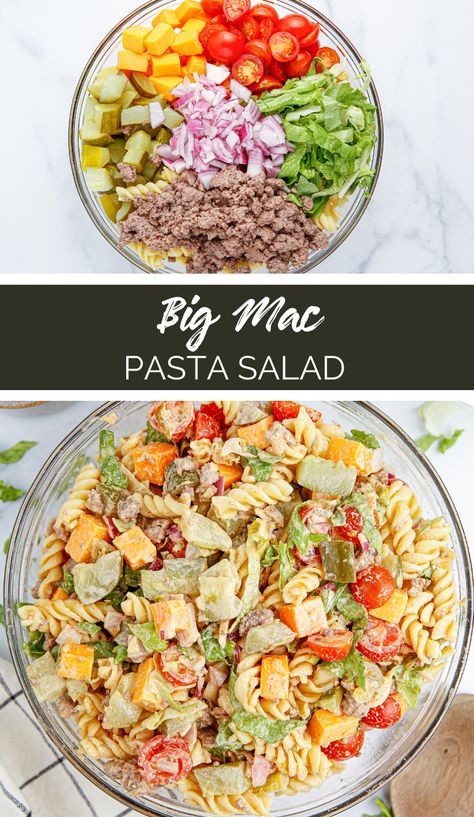 Burger Pasta Salad, Simply Pasta Salad Recipes, Easy Big Mac Pasta Salad, Pasta Salad Recipes With Meat, Wacky Mac Pasta Recipes, Pasta Salad Recipes Small Batch, Big Mac Macaroni Salad, Hamburger Pasta Salad, Wacky Mac Pasta Salad