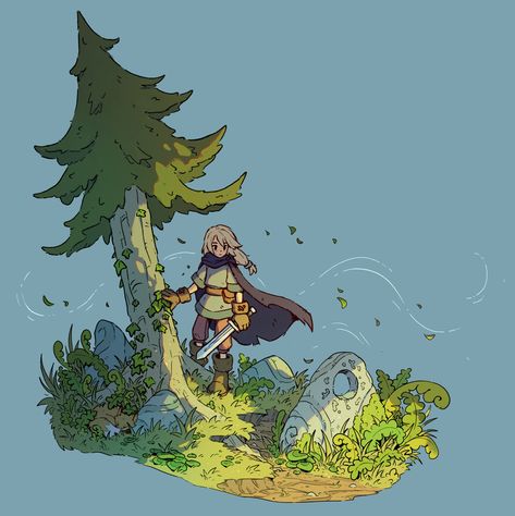 Cartoon Fantasy Landscape, Character Drawing With Background, Adventure Drawing Ideas, Character In Environment, Level Design 2d, Whimsical Illustration Art, Character In Background, Adventurer Concept Art, How To Draw Forest