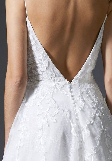 Strong Wedding Dress, Low Back Aline Wedding Dress, Subtle Floral Wedding Dress, Open Back A Line Wedding Dress, Wedding Dresses Back Detail, Vintage Modern Wedding Dress, A Line Wedding Dress With Straps, Outdoor Summer Wedding Dress, Romantic Wedding Dress Flowy