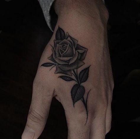 Men’s Hand Tattoos Rose, Tattoo Designs Men Rose, Rose Finger Tattoo Men, Small Rose Tattoo Men Hand, Medium Rose Tattoo, Hand Rose Tattoo Men, Small Rose Tattoo Men, Masculine Rose Tattoo, Black Rose Hand Tattoo