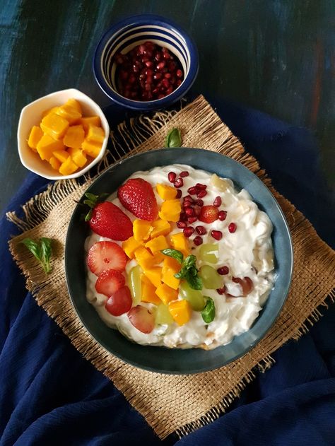 Fruit-cream-salad Fruit Yogurt Bowl Recipe, Fruit Cream Recipe Indian, Korean Fruit Bowl Milk, Yoghurt And Fruit Bowl, Yoghurt With Fruit, Thanksgiving Fruit Salad, Fruit Salad With Yogurt, Vegetarian Sweets, Fruit Cream