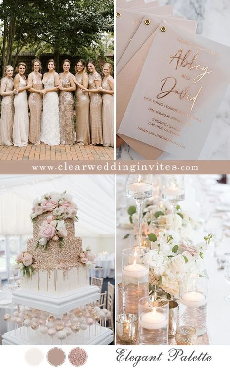 Top 7 Elegant and Stylish Wedding Color Schemes Can't Miss – Clear Wedding Invites Wedding Theme Neutral Color Schemes, Royal Wedding Colors Schemes, Elegant Wedding Schemes, Champagne Wedding Colors Spring, Wedding Color Schemes With Champagne, Boho Glam Wedding Color Palette, Family Wedding Color Scheme, Elegant Wedding Colours, Elegant Wedding Themes 2023