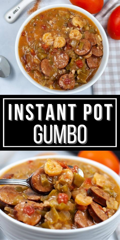 Shrimp Gumbo Recipe Easy, Instant Pot Gumbo Recipe, Gumbo Recipe Okra, Cajun Gumbo Recipe, Instant Pot Gumbo, Shrimp Gumbo Recipe, Easy Gumbo, Andouille Sausage Gumbo, Gumbo Recipe Easy