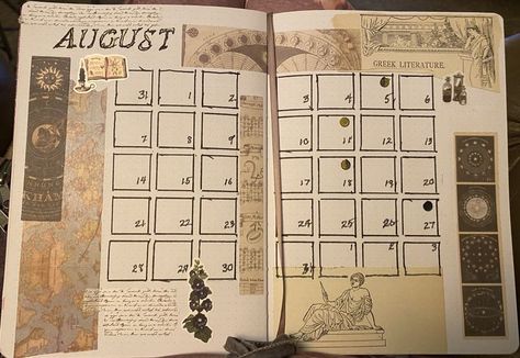 Month split over two pages with various old academia themed stickers Dark Academia Journaling, Bujo Dark Academia, Dark Journal, Academia Journal, Dark Academia Calendar, Journal Dark Academia, Dark Academia Scrapbook, Dark Academia Bujo Theme, Dark Academia School Supplies