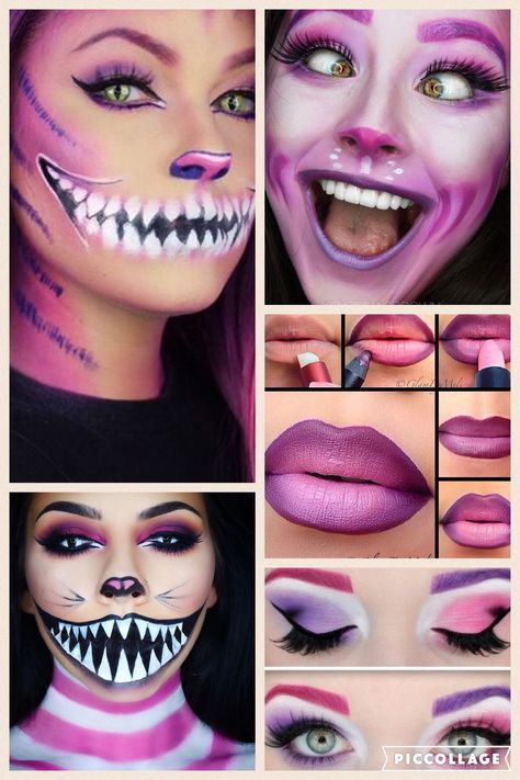 Pink Cheshire Cat. Halloween makeup ideas. Save money on costumes by just getting creative with hair and makeup.  -Erica Marie Simple Cheshire Cat Costume, Women's Cheshire Cat Costume, Cheshire Cat Smile Makeup, Alice In Wonderland Costume Ideas Diy Cheshire Cat, Chesire Cat Costume Women, Simple Cheshire Cat Makeup, Chester Cat Makeup, Halloween Costumes For Pink Hair, Cheshire Cat Nail Art