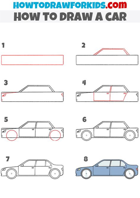 Easy Cars Drawing, Cartoon Cars Drawing Simple, Drawing Cars Sketches, How To Draw A Car Easy, Car Drawing Simple, Cars To Draw, Car Sketch Simple, How To Draw A Car, Car Cartoon Drawing