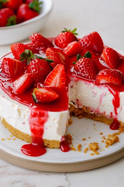 The next time you need a sweet treat to impress, make this stunning strawberry cheesecake recipe. It's rich, creamy, and delightfully decadent. Yummy Deserts Pics, Strawberry Jelly Cheesecake, How Pinterest Sees Me Food, White Chocolate Strawberry Cheesecake Recipe, Birthday Cake Ideas Recipes, Strawberry Cake Cheesecake, Food Obsession Recipes, Strawberry Dessert Aesthetic, Cool Things To Bake