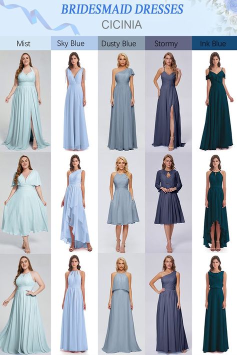 2022 Blue Shades For Bridesmaid Dresses In All Styles Blue Shades Dress, Bridesmaid Dresses Different Shades Of Blue, Different Shades Of Blue Bridesmaid Dresses, Shades Of Blue Dresses, Blue Shades Bridesmaid Dresses, Bridesmaid Dresses Shades Of Blue, Blue Chiffon Dress, Bridesmaid Dresses Dusty Blue, Shades Of Blue Satin Bridesmaid Dresses