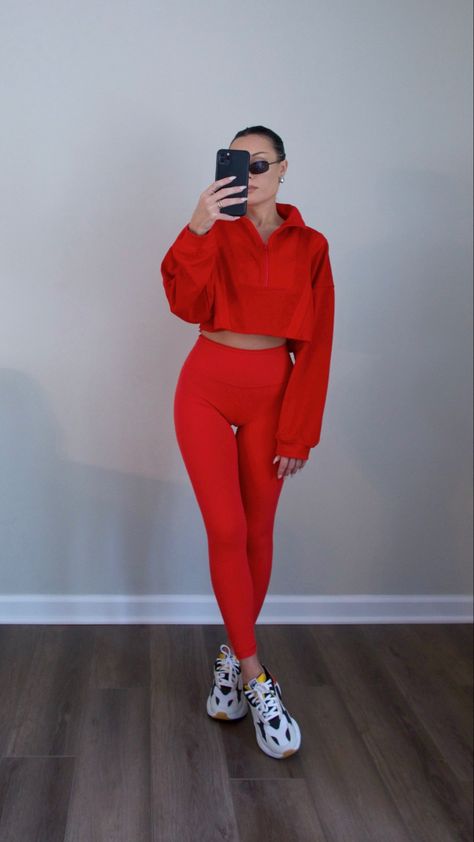 red workout leggings | red crop top | puma sneakers #ad Red Leggings Outfit Casual, Red Leggings Outfit Workout, Red Workout Outfit, Red Gym Outfit, Red Sportswear Leggings For Gym, Red Tight Athleisure Activewear, Compressive Red Activewear, Red Fitted Sportswear Leggings, Red Leggings Outfit