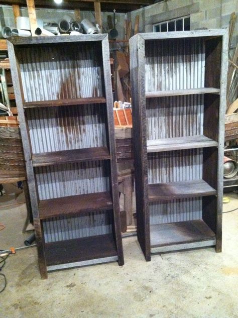 Barn wood and corrugated metal book shelves #barnwood #furniture  Facebook.com/revivalwoodworks Barn Wood Projects, Corrugated Metal, Book Shelves, Reclaimed Barn Wood, Metal Shelves, Barnwood, Recycled Wood, Repurposed Furniture, Pallet Furniture