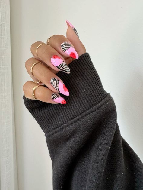 Colorful Animal Print Nails, Zebra Nails Animal Prints, Zebra Almond Nails, Pink Funky Nails, Nail Art Animal Print, Uñas Animal Print, Animal Print Nail Art, Zebra Nail Designs, Zebra Nail Art