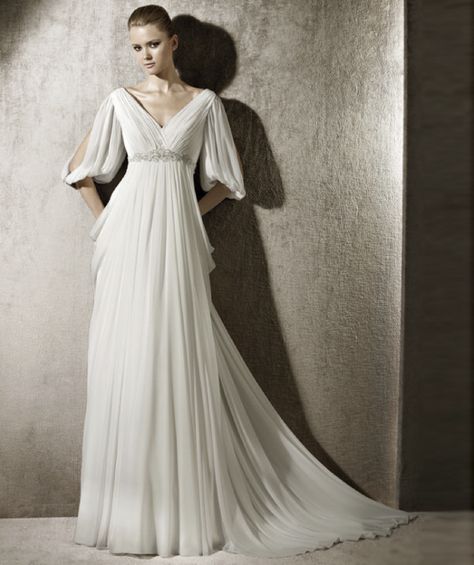 A little bit of a capped sleeve maybe? What do you call these sleeves? Lovely whatever the name! Grecian Style Wedding Dress, Beach Bridal Dresses, Court Train Wedding Dress, Empire Wedding Dress, Chiffon Wedding Dress, Sophisticated Bride, Wedding Dress Chiffon, Wedding Dress Train, V Neck Wedding Dress