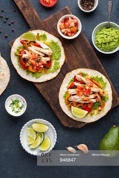 Chicken fajitas served with roasted vegetables, tortillas and salsa stock photo - OFFSET Food Tech, Chicken Fajitas, Roasted Vegetables, Fajitas, Tortillas, Food Photo, Avocado Toast, Stock Photography, Food Photography