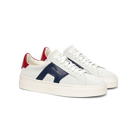 Women’s white, blue and red suede and leather double buckle sneaker | Santoni Shoes Santoni Shoes, Italian Shoes, Red Suede, Formal Shoes, Handmade Shoes, Signature Style, Red Leather, Online Boutique, New Collection