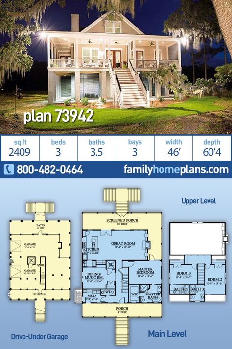 Southern Style Home Plan With Drive-Under Garage - Family Home Plans Blog Raised Coastal House Plans, Elevated Coastal House Plans, Southern Coastal Home, Garage Bloxburg, Stilt House Plans, Beach House Flooring, Beach House Floor Plans, Elevated House, Southern Style Home