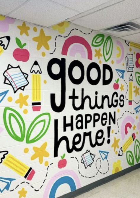 School Hallway Painting Ideas, Brain Break Bulletin Board, Elementary Front Office Decorating Ideas, Elementary School Bathroom Makeover, Student Decorated Classroom, Murals For Elementary School, Inspirational Wall Murals For Schools, Block Area Bulletin Board Ideas, Blank Wall In Classroom Ideas